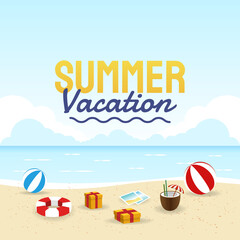 Hand draw illustration of summer background. Tropical plants, flower, beach ball and starfish. Design template for banner, flyer.