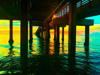 colorful dawn over the ocean under a fishing pier in Florida