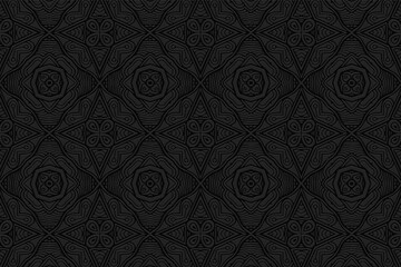 3D volumetric convex embossed geometric black background. Ethnic pattern with national oriental flavor. Beautiful unique ornament for wallpaper, website, textile, presentation, coloring.