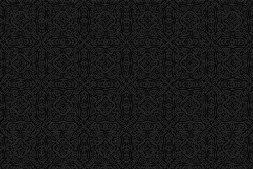3D volumetric convex embossed geometric black background. Ethnic pattern with national oriental flavor. Unique exotic ornament for wallpaper, website, textile, presentation.