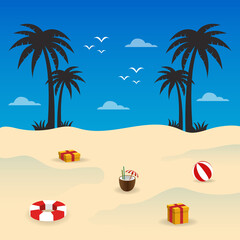 Obraz premium Hand draw illustration of summer background. Tropical plants, flower, beach ball and starfish. Design template for banner, flyer.