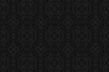 3D volumetric convex embossed geometric black background. Ethnic pattern with national Indian flavor. Trendy decorative ornament for wallpaper, website, textile, presentation.
