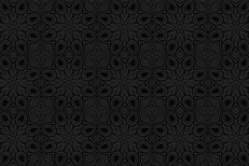 Obraz na płótnie Canvas 3D volumetric convex embossed geometric black background. Ethnic pattern with national oriental flavor. Abstract stylish ornament for wallpaper, website, textile, presentation.