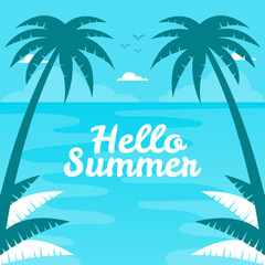 Fototapeta na wymiar Hand draw illustration of summer background. Tropical plants, flower, beach ball and starfish. Design template for banner, flyer.