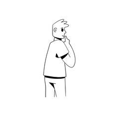 Thoughtful man touches chin. Choice and question. Problem solving and thoughts. Outline cartoon Thinker. Puzzled gesture.