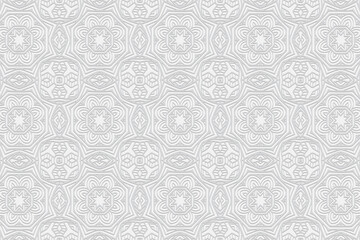 3D volumetric convex embossed geometric white background. Ethnic pattern with national oriental flavor. Abstract graceful ornament for wallpaper, website, textile, presentation.