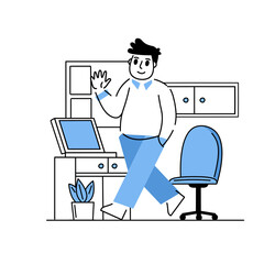 Man in office. Businessman goes to work. Outline happy business character at work. Linear interior of office with desk and computer. Modern cartoon isolated on white
