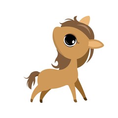Little cub foal. Horse. Isolated object on a white background. Cheerful kind animal child. Cartoons flat style. Funny. Vector