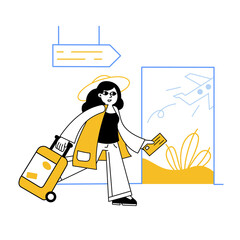 Woman at airport. Luggage and baggage. Ticket in hand. Outline cartoon isolated on white. Female character goes on vacation. Departure and arrival