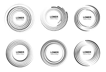 Halftone circles with dots. Set of circular dotted frames, logo design elements.
