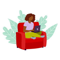 Obraz na płótnie Canvas remote work and remote study. work on the Internet. a person is engaged in online sales and purchases. black woman. stock vector illustration. 