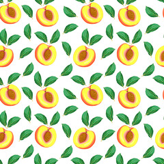 peaches. halves of peaches on a beige background. seamless pattern with apricot. stock vector illustration. pattern for printing on fabric and wrapping paper.