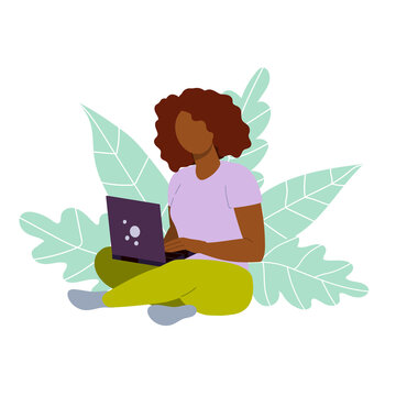 Remote Work And Remote Study. Work On The Internet. A Person Is Engaged In Online Sales And Purchases. Black Woman. Stock Vector Illustration. 