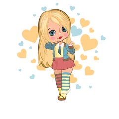 Little girl in a beautiful skirt. Nice, funny flirt. Handsome fashionable child. The isolated object on a white background. Vector illustration