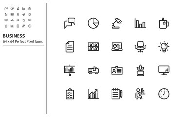 set of business line icons 64x64px, office, job, company, workplace