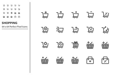 set of shopping line icons 64x64px, shopping cart, commerce, online shopping, online store