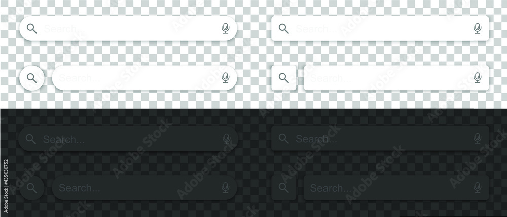 Poster set of search bar with falling shadow on dark and white transparent background. vector concept eleme