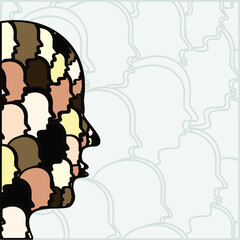 Big vector icon: the half-silhouette  of human's head made of small icons with faces in different colors. It represents the diversity and equality of races. Background is made of silhouettes in grey.