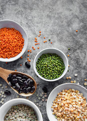 Bowls with different types of legumes