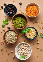 Bowls with different types of legumes