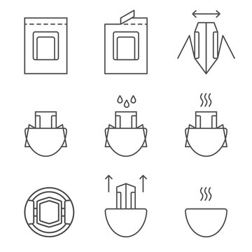 Drip coffee bag for easy brewing in a cup. Set of vector icons, black isolated illustration on white background. Instructions for making fresh coffee drink drip method