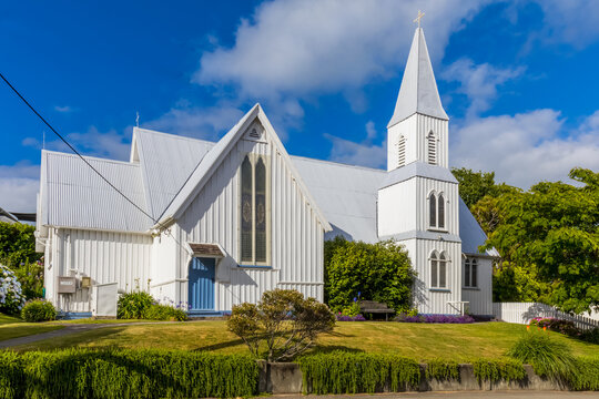 St Peter's Anglican Church in Akaroa, South Islans, New Zealand.  Travel and history.