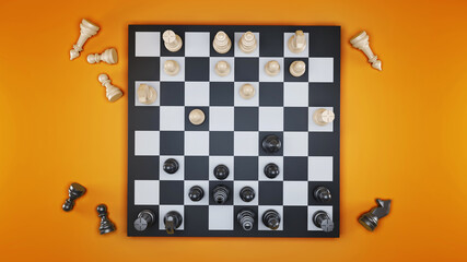 Chessboard with black and white chess pieces isolated on yellow background. 