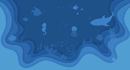 Obraz na płótnie Canvas Paper cut underwater sea cave with fishes, jellyfish, seahorse, seaweed, starfish in algae, waves. World Oceans Day 8 June. Diving concept, Paper cut deep style vector.