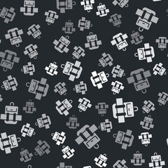 Obraz premium Grey Hiking backpack icon isolated seamless pattern on black background. Camping and mountain exploring backpack. Vector
