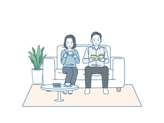 ソファーでリラックスする中高年の夫婦　お茶　読書　ステイホーム　男女　ミドル　イラスト素材