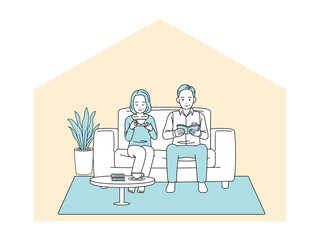 ソファーでリラックスする中高年の夫婦　お茶　読書　ステイホーム　男女　ミドル　イラスト素材