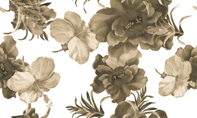 Gray Watercolor Foliage. Black Flower Jungle. White Seamless Illustration. Pattern Wallpaper. Tropical Leaves. Isolated Backdrop. Fashion Palm. Botanical Decor.