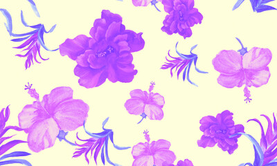 Vanilla Hibiscus Print. Violet Flower Textile. Pink Seamless Print. Purple Watercolor Plant. Pattern Set. Tropical Textile. Exotic Print.Art Wallpaper