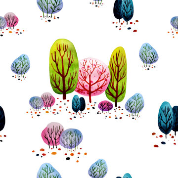 Seamless pattern of delicate watercolor trees on a white background.