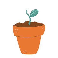 Flower pot with sprout. Simple plant with green leaves in brown pot. Green sprouts growing out from soil. The concept of growth and be handled with care. Vector flat illustration.