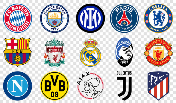 Vinnytsia, Ukraine - May 19, 2021 European football clubs logo isolated on transparent background. Bayern Munich, Manchester City, Inter Milan, Paris Saint-Germain, Chelsea, FC Barcelona, Liverpool an