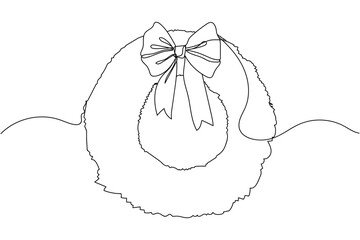Continuous one line of christmas wreath with ribbon bow in silhouette. Linear stylized. Minimalist.