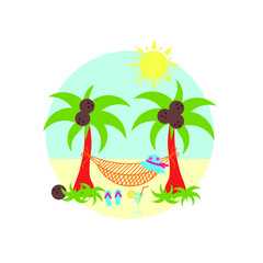 two palm trees and a hammock on the beach