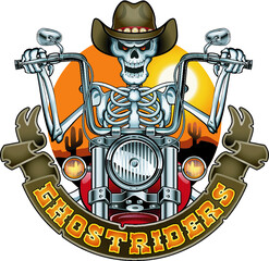 skeleton with cowboy hat riding motorcycle - obrazy, fototapety, plakaty