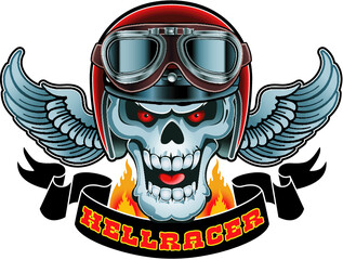 skull wearing crash helmet and goggles, banner with text "hellracer"