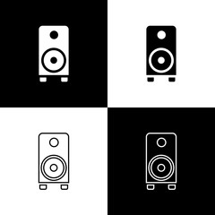 Set Stereo speaker icon isolated on black and white background. Sound system speakers. Music icon. Musical column speaker bass equipment. Vector