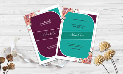 floral frames and marble texture Wedding invitation card template