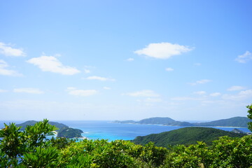 Fototapeta na wymiar Beautiful blue ocean view from Nita observatory deck in Zamami island, Okinawa, Japan - 沖縄 座間味島 ニタ展望台からの眺望
