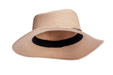 Woman's straw beach hat isolated on white. - obrazy, fototapety, plakaty
