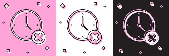 Set Clock delete icon isolated on pink and white, black background. Time symbol. Vector
