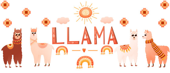 Alpacas web banner with cartoon style animal characters llama and peru elements, colourful poster design with tribal ornates in scandinavian style