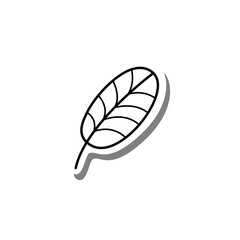 Black line cartoon simple leaf on white silhouette and gray shadow. Icon Emoji for decoration or any design. Vector illustration of nature.