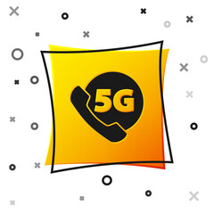 Black Phone with 5G new wireless internet wifi icon isolated on white background. Global network high speed connection data rate technology. Yellow square button. Vector