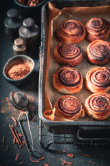 Tasty cinnamon rolls as christmas dessert. Scandinavian dessert.