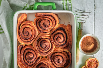 Homemade cinnamon rolls as swedish dessert. Christmas snack.